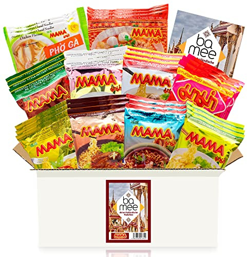 Ba-Mee Box mit 30 MAMA Nudelsuppen - Thailändische Instant Nudeln, zufällige Mischung aus 10 verschiedenen Geschmacksrichtungen und Sorten, inklusive Broschüre mit Rezept - Thailand Nudelmix Karton