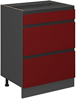 Vicco Küchenunterschrank R-Line, Rot, 60 cm | 3 Schubladen · Ohne Arbeitsplatte · Höhenverstellbare Füße · ✓ Leichter Zugriff · ✓ Frei kombinierbar