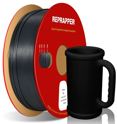 RepRapper PP Filament 1,75 mm (+/- 0,03 mm) Halbflexibles Robustes Filament 3D Drucker Filament PP 1 kg (2,2 Pfund) Spule für 3D Druck, 5 Stück Bauplatte im Lieferumfang enthalten, Schwarz