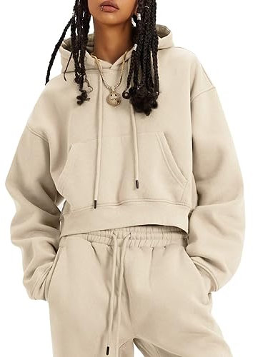ROJZR 2-teiliges Fleece-Outfit für Damen, Lounge-Sets, bauchfreie Kapuzenpullover, Tops, elastische Taille, Jogginghose, Sweatsuits, Beige, Small