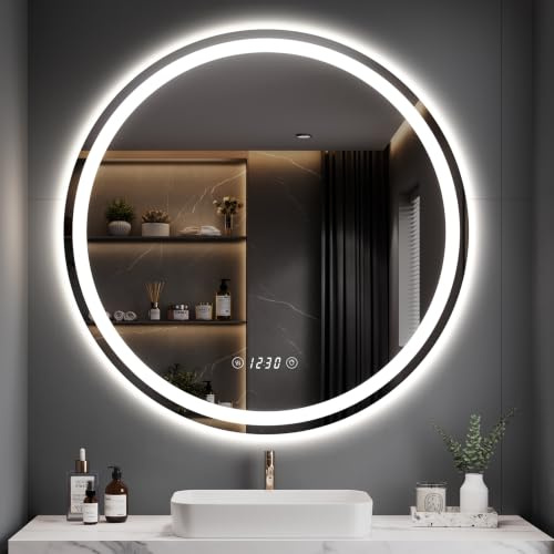 Dripex Badspiegel mit Beleuchtung Rund Led Spiegel mit Uhr und Touch-Schalter, Dimmbar, 3 Lichtfarbe Einstellbare Runder Badezimmerspiegel mit Beleuchtung, Beschlagfrei 60x60 cm