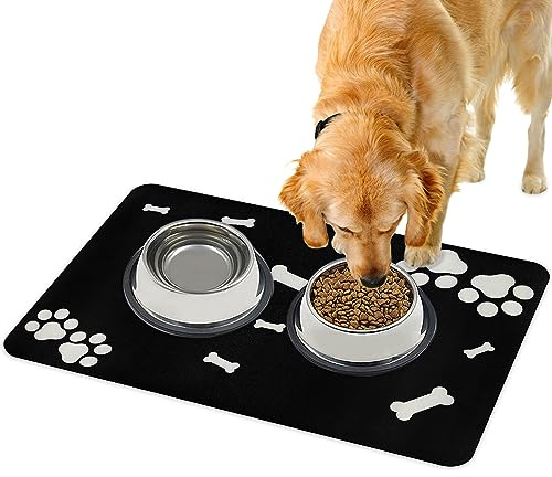 Walant rutschfest Futtermatten für Hunde Katze,Waschbar Napfunterlage Hund Katzen,Super saugfähige Futterunterlage,schnell trocknende,leicht zu reinigen Hundenapf Futternapf Matte (Schwarz B)