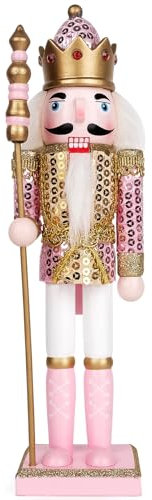 Anwenk Pink Nutcracker Christmas Decor,Handmade Wooden Christmas Nutcracker Figure Nut Cracker King, Festive Collectible Ornament Decoration for Home Decor, 12”