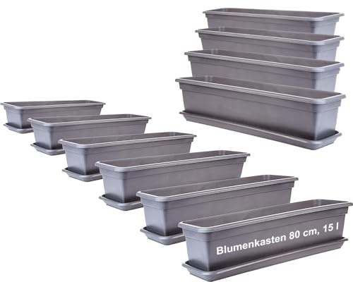 SUSTANIA 2friends Balkon Blumenkasten Set 80cm, 10er-Pack, mit Untersetzer, Kunststoff, EU-Fertigung, Anthrazit