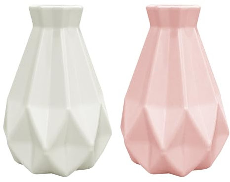 2 Jarrones Irregulares Blancos y Geométricos Rosados de Plástico - Adornos de Escritorio, Contenedores de Arreglos Florales Creativos Para la Decoración de la Oficina
