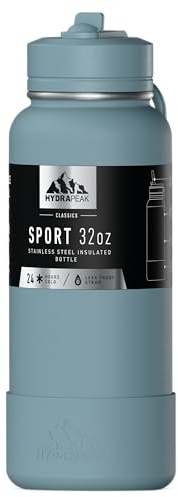 Hydrapeak 32oz Sport Insulated Water Bottle with Straw or Chug Lid, Leak & Spill Proof, Keeps Drinks Cold for 24 Hours, Hot for 12 Hours, Premium Stainless Steel Water Bottles (32oz, Agave Blue)