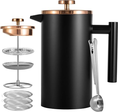 Worbic - Caffettiera a pressa francese, 1000 ml, isolamento a doppia parete, in acciaio inox, sistema di filtraggio a 3 livelli, pressa francese per casa, campeggio e ufficio, colore nero