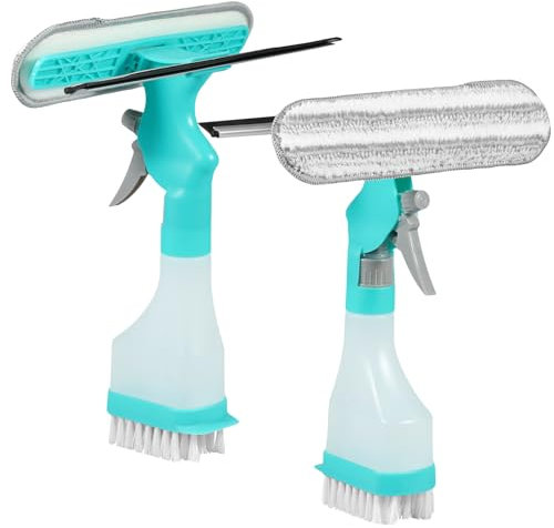 4 in 1 Window Squeegee, Spray Window Wiper Bottle, Microfibre Cloth Pad and Rubber Scraper Window Shower Squeegee with Cleaning Brush for Mirrors/Tiles/Shower Screens/Glass Cleaning Housework(2pcs)