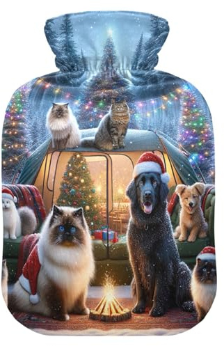 Wärmflaschen mit Weihnachtsmotiv, Hunde und Katzen, Blau mit weichem Bezug, für Menstruationskrämpfe, 2 l