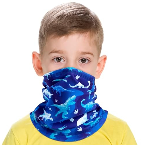 WAWSAM Kids Neck Warmer Winter Fleece Neck Gaiter Kids Face Cover Scarf Windproof Balaclava for 4-10 Years Boys Girls (Dinosaur Blue)