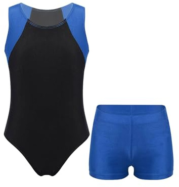 JEATHA Maillot Ballet Niño Leotardo Gimnasia Ritmica con Pantalones Cortos Maillot Elástico Conjuntos Deportivos Mono De Deportivo Fitness Yoga Azul 7-8 años