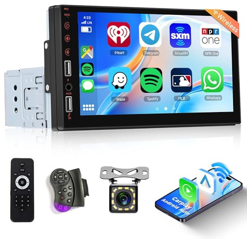 Single Din Car Stereo Wireless Carplay with Android Auto Rimoody 7 Inch Touch Screen 1 Din Car Radio Bluetooth Handsfree FM Radio Mirror Link USB Car Audio Receiver Backup Camera