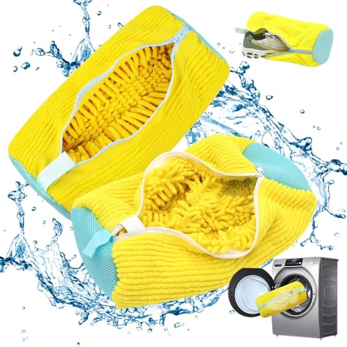 2 Pack Shoe Laundry Bags for Washing Machine, 30x18x4cm, Yellow | Breathable mesh protects shoes and washer. Secure zipper prevents tangles. Durable polyester, reusable