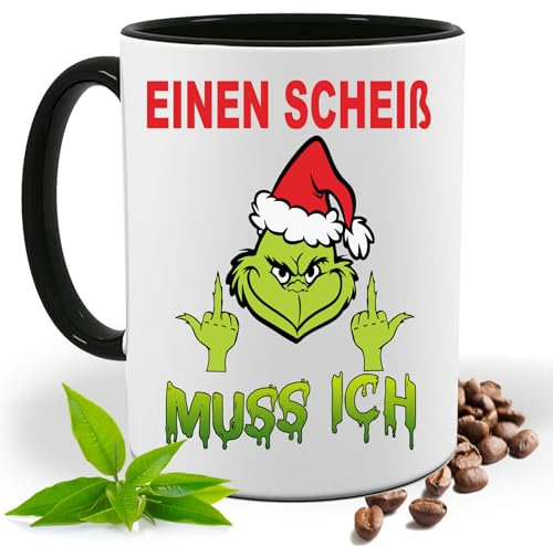 Grin Weihnachtsmuffel Einen Scheiß muss ich Tasse mit Lustigem Spruch|Geschenk Idee| Kaffee Tee Bürotasse | Fototasse, Motivtasse | Kaffeetasse, Teetasse |Keramik (Schwarz)