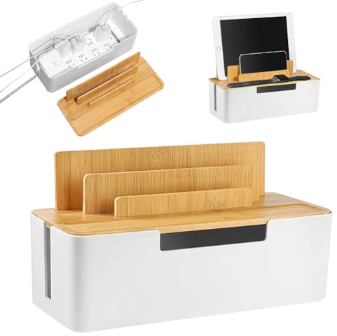 LUPATDY Bambus Kabelbox,Kabel Organizer mit Deckel,Aufbewahrungsbox aus Nachhaltigem Bambus und ABS,Verstecken Sie Steckdosenleisten, Zum Verbergen und Abdecken, Kabels,Kabel Organizer Box (Weiß)