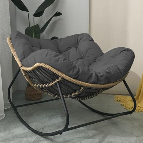 Moderner Outdoor-Terrassen-Schaukelstuhl mit Kissen, übergroßer Rattan-Geflecht-Loungesessel für den Innen- und Außenbereich, Metallrahmen, große Stützen, dunkelgrau