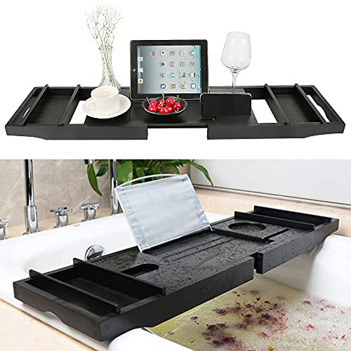 Badewannenablage, verstellbar, Badewannenbrücke, 70 – 105 cm, Badewannen-Tablett, aus Acryl, Halterung für Bücher/Tablet (schwarz)