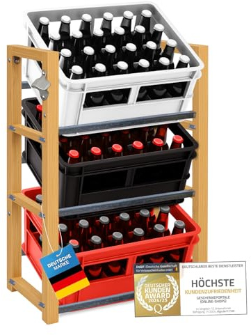 Dimono® Getränkekistenregal aus Bambus – Regal für 3 Kisten | Für 2, 3 oder 6 Kisten – Leergut Aufbewahrung ohne Werkzeug – stabile Edelstahlhalterungen