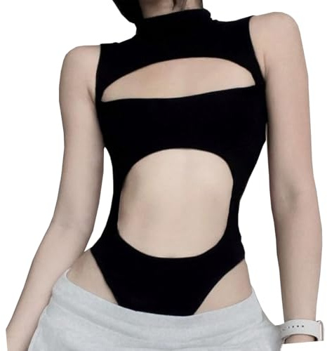 CHILIRIA Body negro Y2k Rave, cuello alto, recortado, sin mangas, lencería gótica de una pieza, Negro, L
