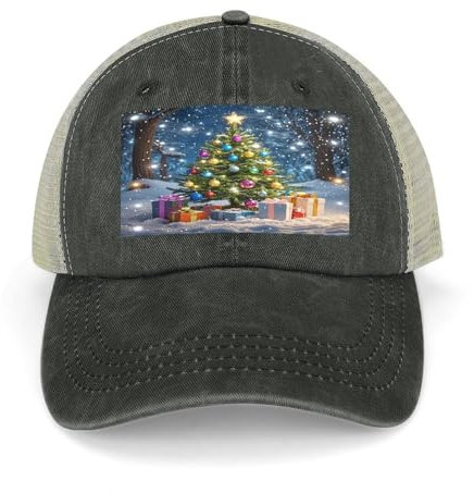 JTREWBV Unisex Erwachsene Baseballkappe Schnee Weihnachtsbaum Druck Trucker Hut Verstellbare Passform Outdoor Mesh Snapback Hüte für Camping, Angeln, Jagd, Schwarz, 44