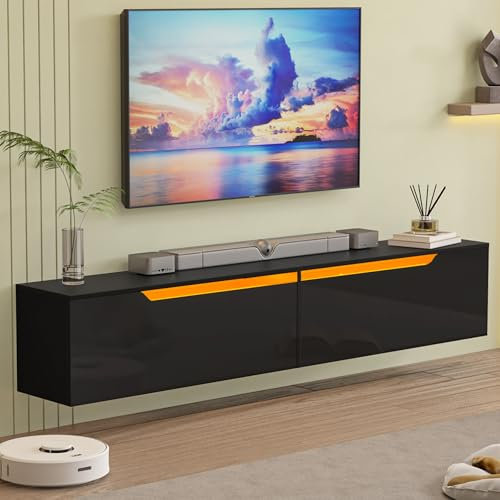 KZNGK Hängend TV-Schrank, Fernsehtisch Lowboard Hochglanz, Hängend mit LED-Beleuchtung, 16 Farben können eingestellt Werden, 2 Schränken für Wohnzimmer und Schlafzimmer, 175 x 32 x 30cm, Schwarz