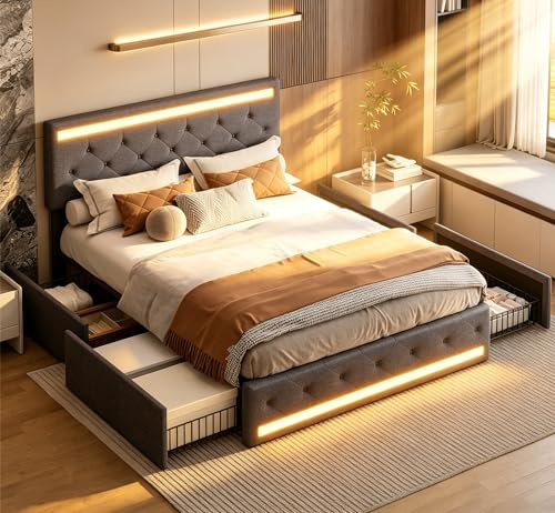 RTYUSWL Polsterbett 140x200 cm,Doppelbettrahmen mit 4 Schubladen,Bett mit LED-Beleuchtung und USB Ladefunktion,Bett 140x200 mit Schubladen,Schubladenbett mit Stauraum für Jugendliche