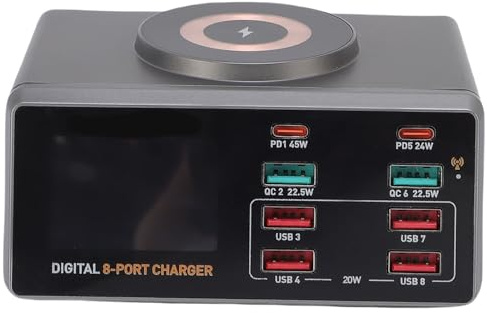 Elprico Chargeur USB, Station de Chargement USB Multiple de 100W 8 Port, Chargeur sans Fil, écran LCD Disponible Fast Charging Hub, Centre de Chargement USB pour (Prise UE)