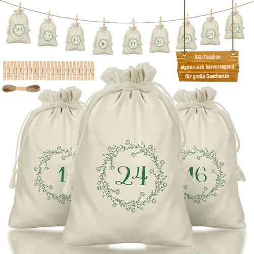 Ruibinlee Premium XXL Adventskalender zum Befüllen,24 weiß Stoffsäckchen Adventskalender in 2 verschiedenen Größen Adventssäckchen, Inklusive Holzklammern und Kordel für Weihnachten