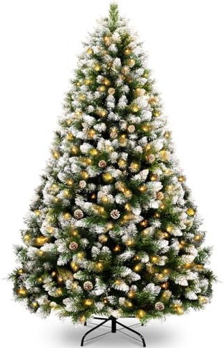 KOIUEYW Albero di Natale Artificiale da 180 cm con Neve e 300 LED - Albero di Natale con 856 Punte e Supporto in Metallo - per Casa, Negozi, Ufficio, Decorazione Natalizia con Neve