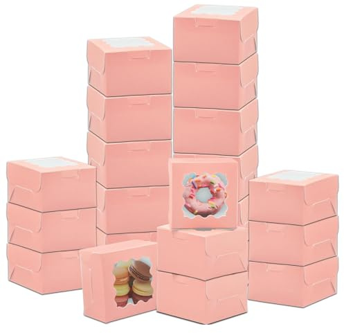 Lot de 100 Boîtes Pâtisserie Roses avec Fenêtre, 10 x 10 x 6 cm, Boîte à Gâteaux Cupcakes Macarons Biscuits, Emballage Kraft Alimentaire pour Pâtisseries, Donuts, Tartes, Mariage, Fête, Anniversaire