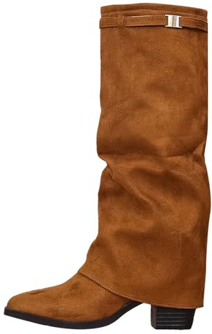 Stivali Donna Invernali Autunnali, Texani Cowboy Stivaletti Alti, Stivali al Ginocchio Donna, Stivaletti con Tacco Punta, Stivaletto Wide Fit con Plateau, Fold Over Boots Marroni
