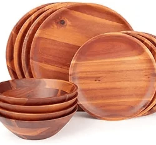 Service de table 12 pièces en bois d'acacia pour 4 personnes