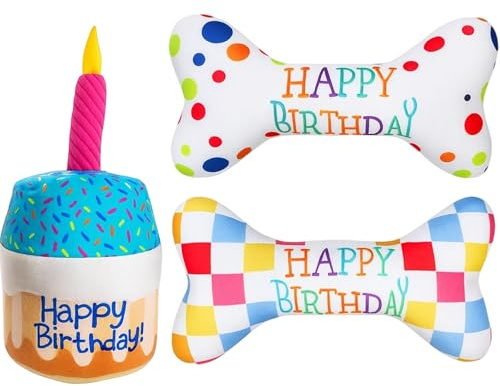 JcvPot Hunde Geburtstag Spielzeug Set, 3-Teilige Plüsch Hundetorte Mit Quietschfunktion, Geburtstagsgeschenk Für Hunde, Ideal Für Indoor Und Outdoor Aktivitäten, Größe: 14 * 24 cm Und 10,5 * 17,5 cm