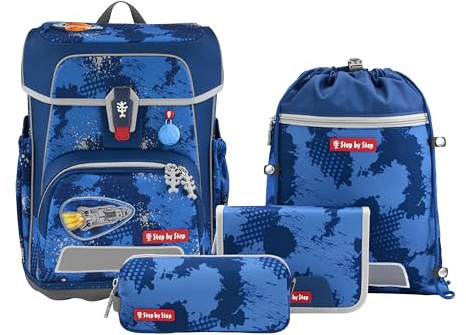 Step by Step Schulranzen-Set Cloud Reflect „Rocket Novo“ 5-teilig, blau, ergonomischer Tornister mit Reflektoren, höhenverstellbar mit Hüftgurt für Kinder ab der 1. Klasse, 19L
