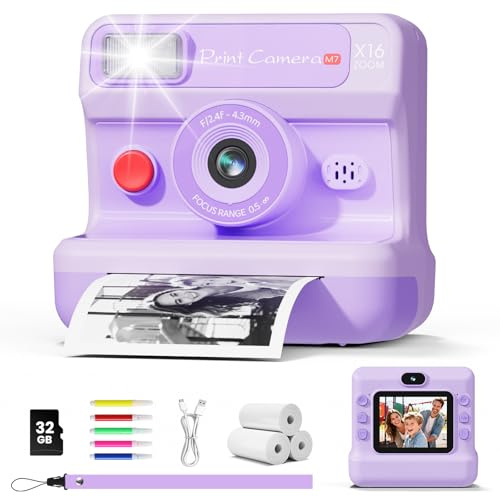 CalineGam Appareil Photo Instantané Enfant, Écran 2,4 48MP 1080P HD | Avec Double Objectif, Carte 32Go & 3 Rouleaux de Papier, Impression Sans Encre, Cadeau Filles & Garçons 3-12 Ans, Violet