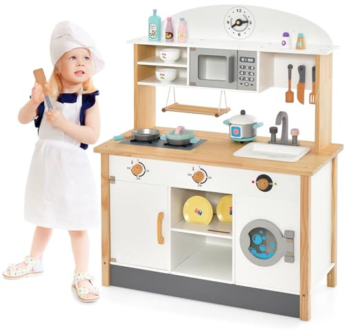 GOPLUS Cocina de Juguete de Madera para Niños, Cocinita Infantil con 17 Accesorios, Reloj, Microondas, Balanza, Hornillos, Lavadora, Cocinita de Madera para Niños de 3+ Años