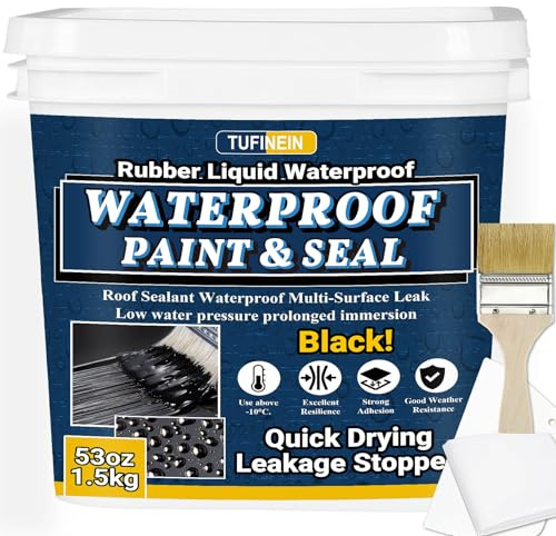 Rubber Liquid Waterproof Sealant, TUFINEIN Quick Drying Multi Surface Foundation Leak Repair - Roof Gutters Basement Sealer Waterproof - Indoor & Outdoor Flexible Rubber Paint (Black, 1.5 KG)