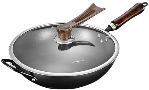 GZGLZDQ Wok de Acero al Carbono Sin Revestimiento, Resistente a Rayaduras con Tapa, para Freír, Saltear, Cocinar al en Estufas de Gas y Vitrocerámicas(Ø 34cm)