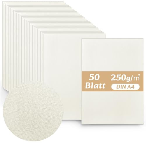 Faccito 50x Strukturkarton Elfenbeinweiß Leinen-Geprägt DIN A4 21 x 29,7 cm 250g, Bedruckbar Bastelkarton Geprägt Dickes Präge-Karton für Visitenkarten Hochzeit Einladungs-Karten Geburtstagskarten