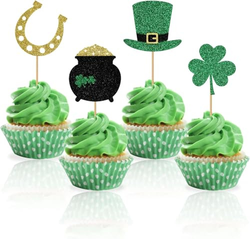 Solihigh 12Pcs St Patrick's Day Cupcake Toppers, Glitter Shamrock Lucky Three Leaf Clover Cupcake Picks Hat Horseshoe Cake Decorations for St Patrick's Day Party Irish Holiday Supplies