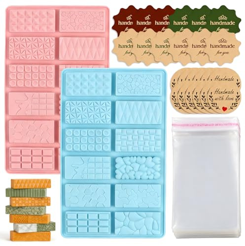 2 Pcs Silicone Chocolate Moulds for Candy & Baking,with 50Pcs Bags,2 Sealing Stickers,12 Cell Deep Chocolate Bar Moulds, Reusable Non-Stick Silicone Molds for Chocolate, Jelly, Ice Cubes & Desserts