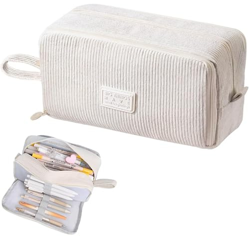 MUYAPAY Federmäppchen aus Cord-Stoff, Federtasche Mäppchen mit 3 Fächer, Mäppchen Teenager Unisex Federmappe Große Kapazität Geeignet für den Einsatz in Schulen und Büros (Beige)