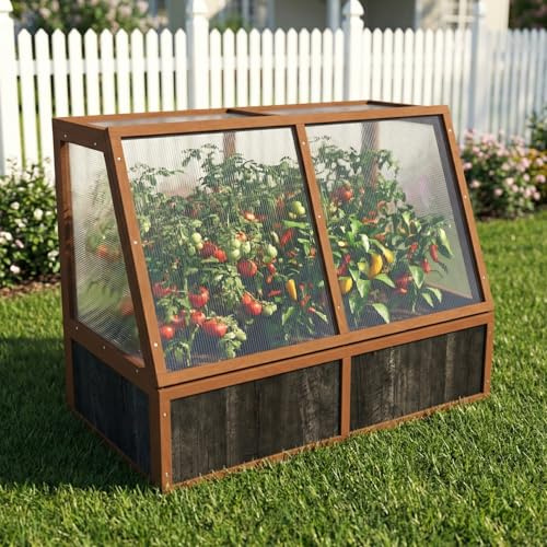 BKSFOAA Wooden Cold Frame Greenhouse, Garden Solid Wood Greenhouse Cabinet with Transparent Flip, Raised Flower Plants Shelf Protection for Outdoor Indoor, One Divides Into Two, Brown