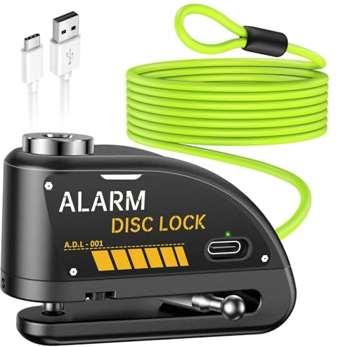 Candado de disco de freno para motocicleta con alarma de 120 dB, tipo C, recargable, con cable de recordatorio de 1,8 m, 7 mm de pin, candado antirrobo para moto