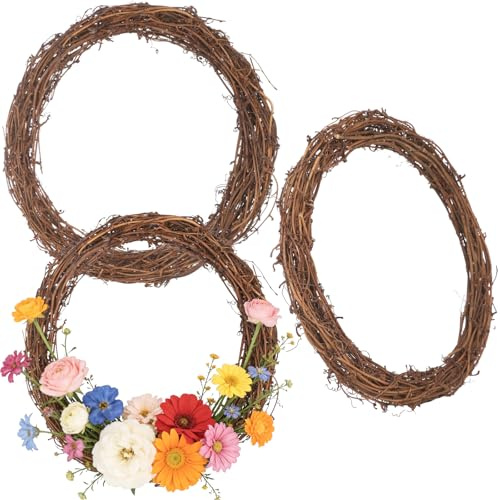 3 Pcs Natural Rattan Grapevine Wreaths, Brown Wreath Bases for DIY Crafting, Rustic Floral Ring Decor, 11.8 in for Wedding Home Holiday Decoration