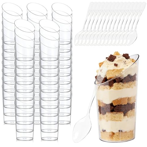 LoNinLoAn Abgewinkelte Dessertbecher, 75 ml, Mini-Dessertbecher mit Löffeln, Mini-Dessertschalen für Schokolade, Käsekuchen, Desserts, Vorspeisen, Obst, Mousse, Pudding, 50 Stück