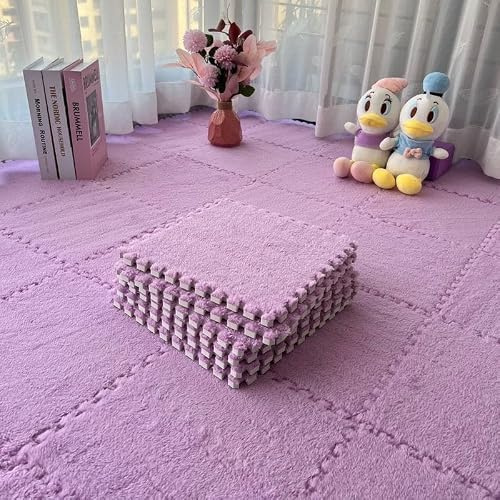 10 Pack Interlocking Plush Foam Floor Mats, Soft Flannel Puzzle Tiles for Kids Crawling, For Easy DIY Rug Pieces, Washable Carpet Tiles for Bedroom Nursery Playroom(Light Purple)