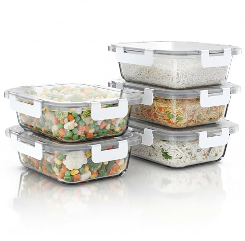Arendo - Lunchboxen Glas - Frischhaltedosen für Lebensmittel mit Deckel luftdicht - 5er Set - 1000 ml - für Mikrowelle Ofen Gefrierschrank - Spülmaschinen geeignet - Vorratsdosen Meal Prep Boxen Set