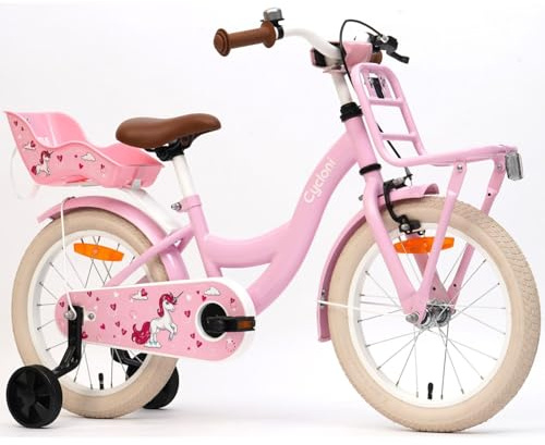 Cycloni Kinderfahrrad 14 Zoll Mädchen - Mädchenfahrrad Rosa mit Stützrädern - Kinder Fahrrad ab 3 Jahre - Puppensitz, Einhorn-Design, Klingel, Korb