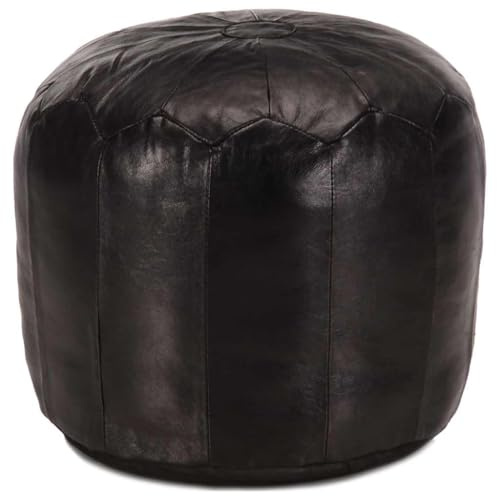 Runheo Pouf Schwarz aus echtem Ziegenleder 40 x 35 cm, gepolsterter Sitzhocker mit Baumwollfüllung, moderner Fußhocker Würfel für Wohnzimmer und Schlafzimmer, bequeme Ablage und dekorative Ottomane